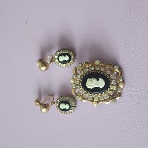 Coro signed cameo earrings and brooch